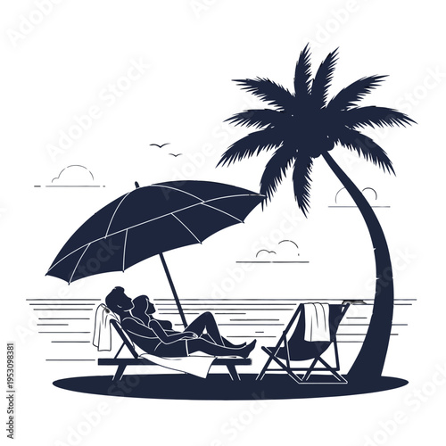 Beach relaxation under palm tree with umbrella and loungers by the shore on a sunny day.