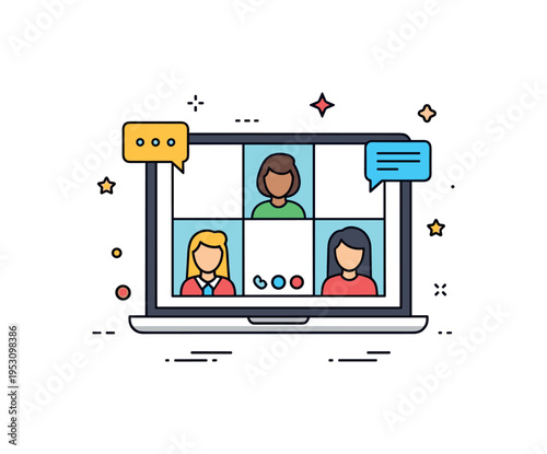 Conference call centered on a laptop screen displaying three participant avatars in a clean grid layout, with small speech bubble accents suggesting active