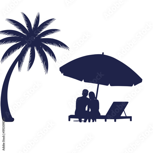 Silhouetted Beach Scene with Palm Trees, Couple under Umbrella on Relaxing Resort Shoreline.