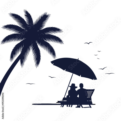 Silhouette of a couple relaxing on a tropical beach beneath an umbrella near a tall palm.