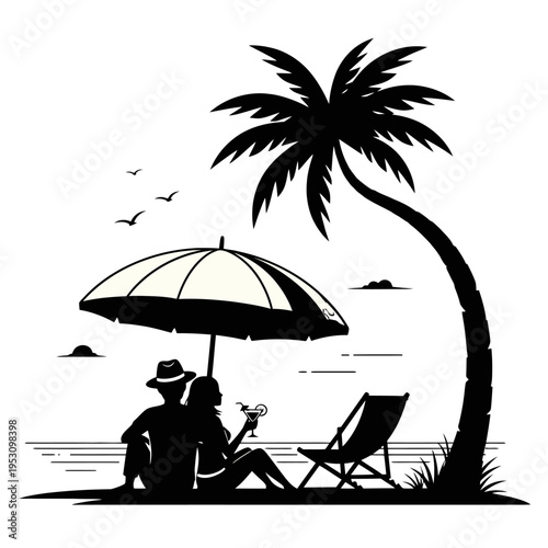 Silhouetted couple enjoying a sunny beach under a palm tree with an umbrella and a lounge chair.