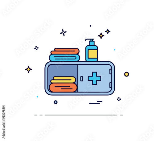 Bathroom cupboard essentials theme centered on a compact wall cabinet with folded towels, a small bottle, and a cross icon indicating hygiene. The scene