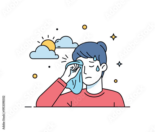 Breath of relief character wiping sweat from the forehead as a small sun icon appears behind soft clouds. The visual metaphor highlights the end of a difficult
