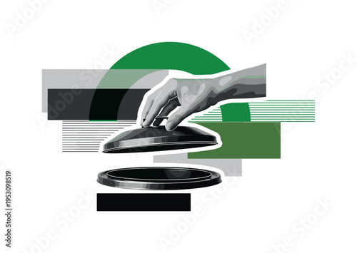Monochrome hand opening a compost lid, intersected by a bold green arc and thin horizontal stripes, abstract rectangular overlays adding depth and structure,