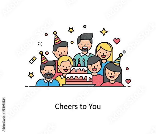 Birthday joy scene centered on a decorated cake placed on a table with friends gathered closely around it. A subtle ?Cheers to You? caption conveys affection,