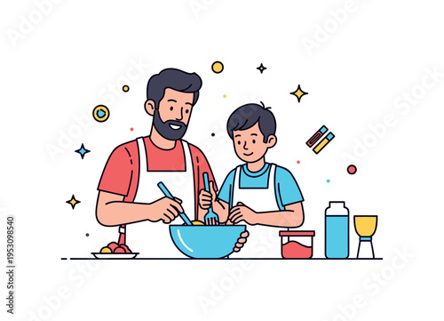 Cooking together at home father and son wearing simple aprons mixing ingredients in a bowl. A cheerful micro scene highlighting teamwork, life skills and