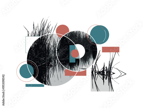 A monochrome wetland habitat with reeds and water reflections, intersected by circular halos and abstract rectangular shapes symbolizing biodiversity, balanced