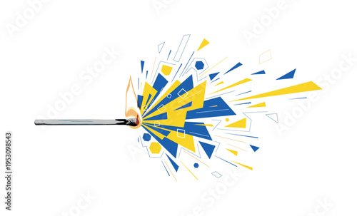 Black and white matchstick igniting into a stylized geometric explosion, vivid yellow and cobalt blue flat shapes radiating sharply, thin linear sparks and