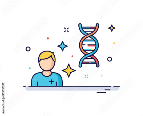 Personalized medicine advancement illustrated by a small patient silhouette paired with a DNA icon and subtle star accent, expressing tailored treatments and