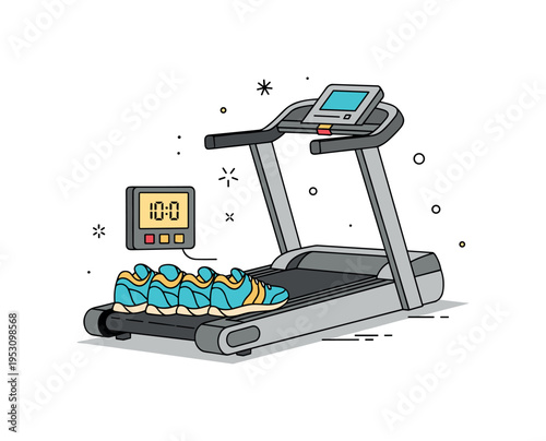 Pre workout focus sneakers aligned at the start of a treadmill track with a small digital display glowing nearby, symbolizing commitment to healthy routine. A