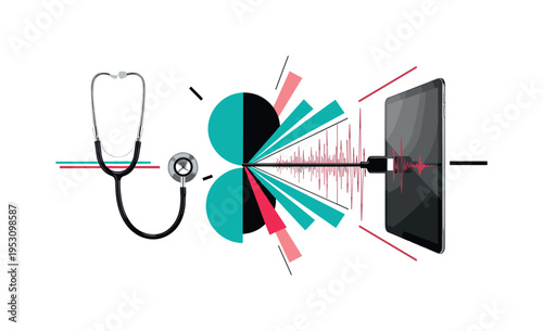 Black and white stethoscope morphing into a charging cable connected to a tablet device, bold semicircles and signal wave graphics expanding outward,