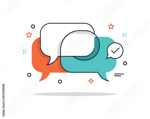Communication tangle concept built around overlapping speech bubbles intertwined together, with a small checkmark bubble symbolizing clear understanding. The