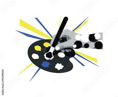 Black and white hand mixing paint on a palette simplified into geometric circles, sharp angular rays and cylindrical forms intersecting, bright yellow and