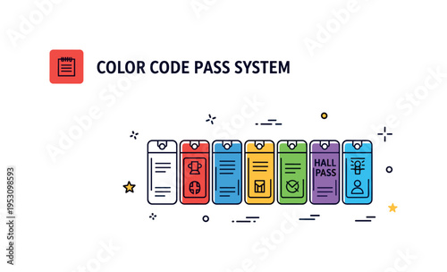 Color coded hall pass system set of small rectangular passes in distinct bold colors arranged in a tidy row. A concise illustration about organized scheduling