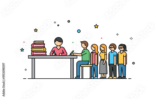 Reader queue at signing table illustrated through a simple desk with stacked books and a small line of stylized figures waiting patiently,