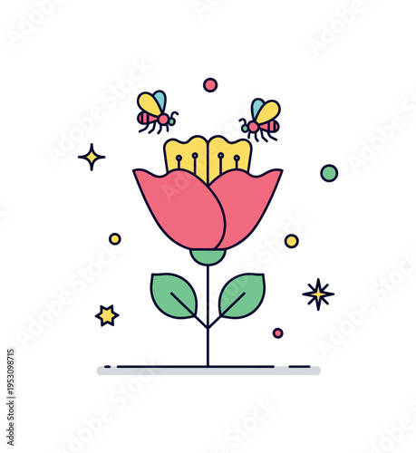 A flower in bloom with brightly colored petals attracting small insects, emphasizing visual appeal and reproductive function in plants. Minimalist flat vector