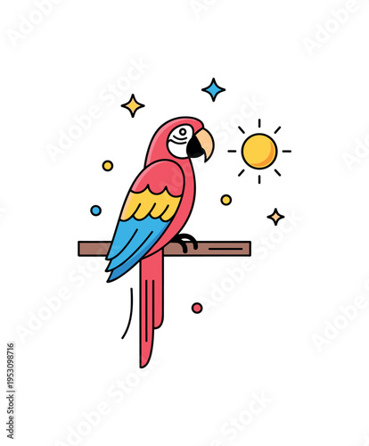 Macaw perched with curved tail feathers gently flowing downward and a minimal sun icon nearby, evoking warmth and tropical atmosphere. The illustration
