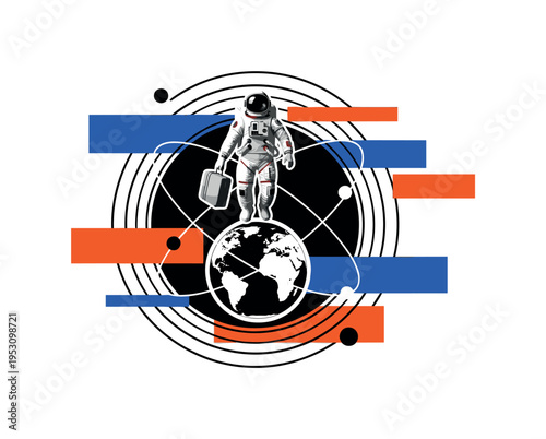 Black and white retro-style astronaut floating above Earth holding a small travel suitcase, bold concentric circles and orbital lines surrounding the figure,