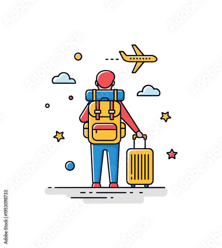 Traveler with backpack standing beside a small suitcase and subtle airplane icon above, capturing anticipation and global adventure in a compact badge style