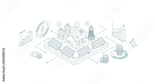 Isometric illustration of a smart city concept with futuristic buildings and technology.