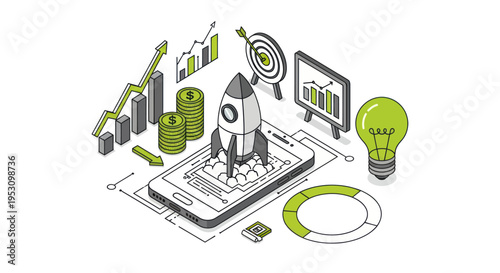 Isometric illustration of a rocket launching from a smartphone with business growth elements.