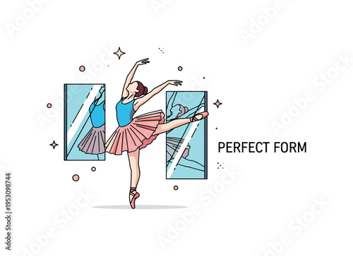 Contemporary ballet practice concept showing a dancer mid-leap with mirrored panels capturing elegant motion. Tiny sparkle accents and a concise ?Perfect Form?