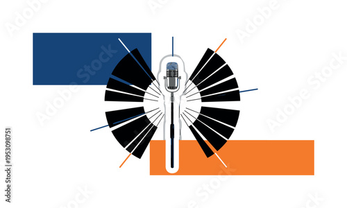 A black and white realistic microphone stand centered vertically, bold geometric semicircles radiating behind it like amplified sound halos, thin linear