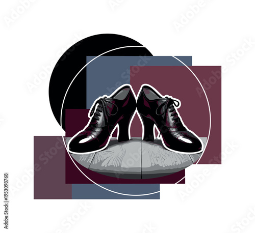 A black and white realistic pair of classic dance shoes placed side by side on a textured wooden floor, bold geometric circles framing them like a spotlight,