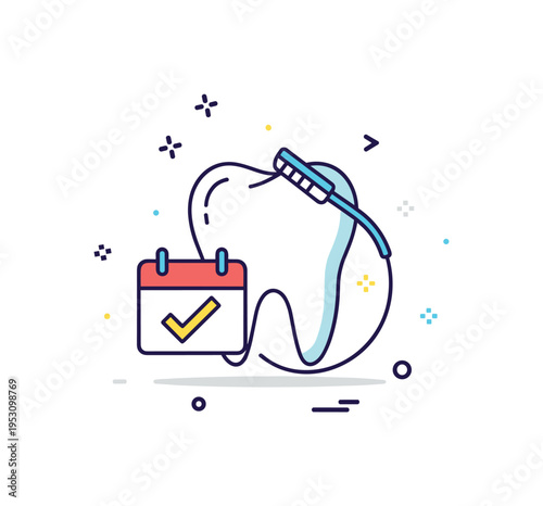 Preventive dental care badge featuring a tooth icon combined with a small calendar checkmark and curved floss detail, expressing commitment to long term oral