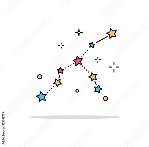 Constellation pattern design showing a minimal cluster of stars connected by fine lines with a subtle guiding sparkle, expressing navigation and celestial