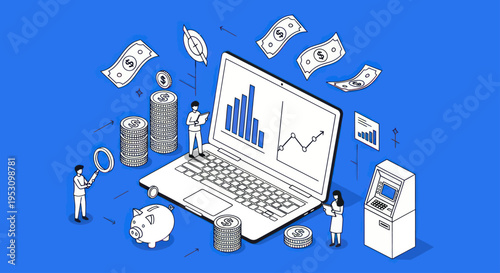 Isometric illustration of financial analysis and investment management on a laptop.