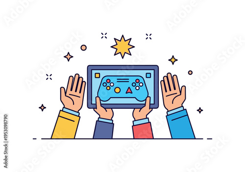 Celebrating a game win friends raising hands in excitement with a small star burst icon above a board or screen. A vibrant micro scene capturing victory,