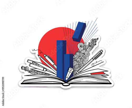 Black and white open sketchbook with abstract doodles and geometric shapes spilling out, bold red circle behind like a creative sun, deep cobalt blue