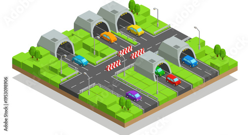 Isometric view of a complex road intersection with tunnels and cars.