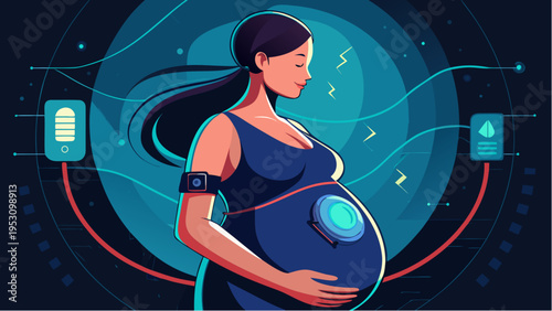 Pregnant woman with wearable device monitoring maternal health and fetal activity futuristic healthcare technology illustration