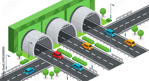 Isometric view of a multi-lane highway with cars entering and exiting tunnels, illustrating modern transportation infrastructure and traffic flow.