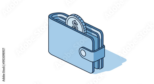 Isometric Wallet with Coin Icon Representing Financial Savings and Transactions.