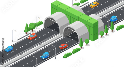 Isometric View of Highway Tunnels and Traffic Flow.