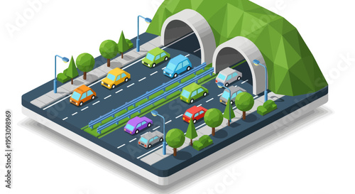 Isometric view of cars driving through tunnels on a highway.