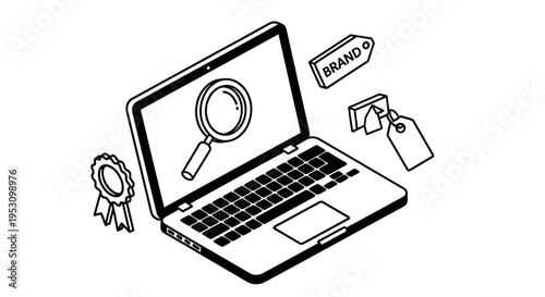 Laptop with Magnifying Glass and Brand Elements for Online Search.