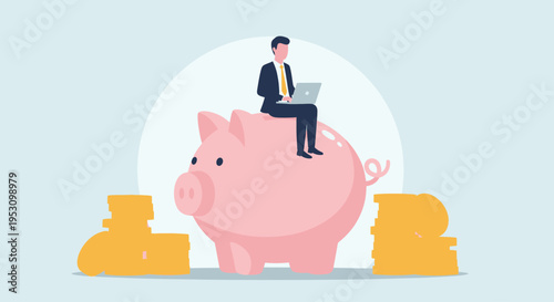 Man on Piggy Bank with Laptop and Coins.