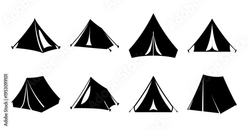 Black and White Silhouette Illustration of Different Camping Tent Designs and Styles