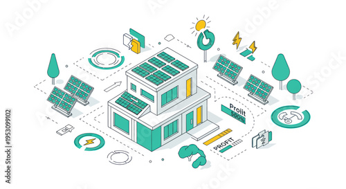 Modern house with solar panels and renewable energy systems illustration.