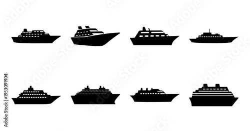 Black and white minimalist illustration featuring eight distinct cruise ship silhouettes