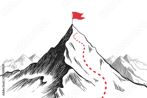 Mountain illustration, snow peak with red flag, black white line art, cross hatching texture, dotted path, achievement concept, minimalist vector, clean background
