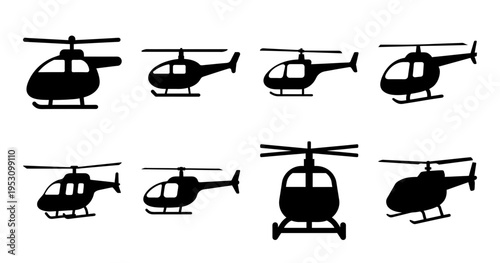 Collection of helicopter vector icons in silhouette, various styles and orientations