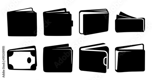 Collection of stylized black and white vector wallet icon illustrations for design