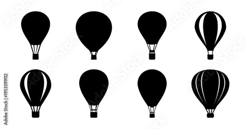 Eight different simple black and white hot air balloon silhouette designs