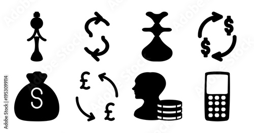 Black and White Business and Finance Icons Representing Different Monetary Concepts