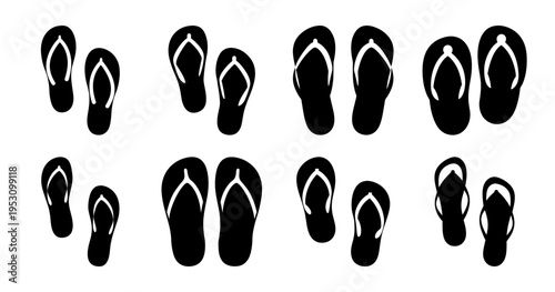 Black and white illustration of different pairs of flip flops, summer vibes